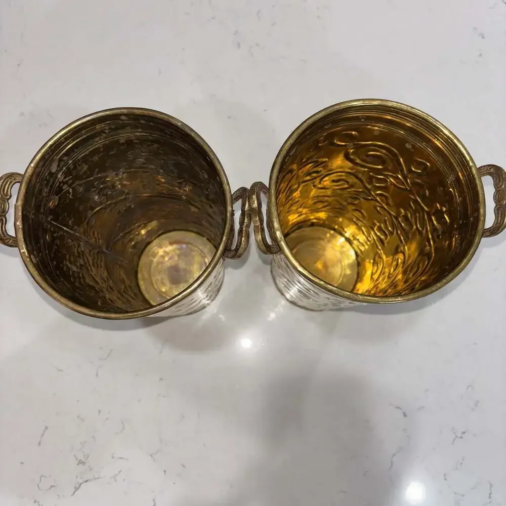 Vintage Hosley French Brass Bucket Planter Vases with Embossed Floral/Grapevine